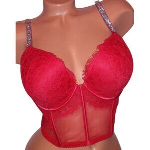 Victorias Secret Red Lace Longline Bra 34D With Rhinestone Straps Push-Up Bustie
